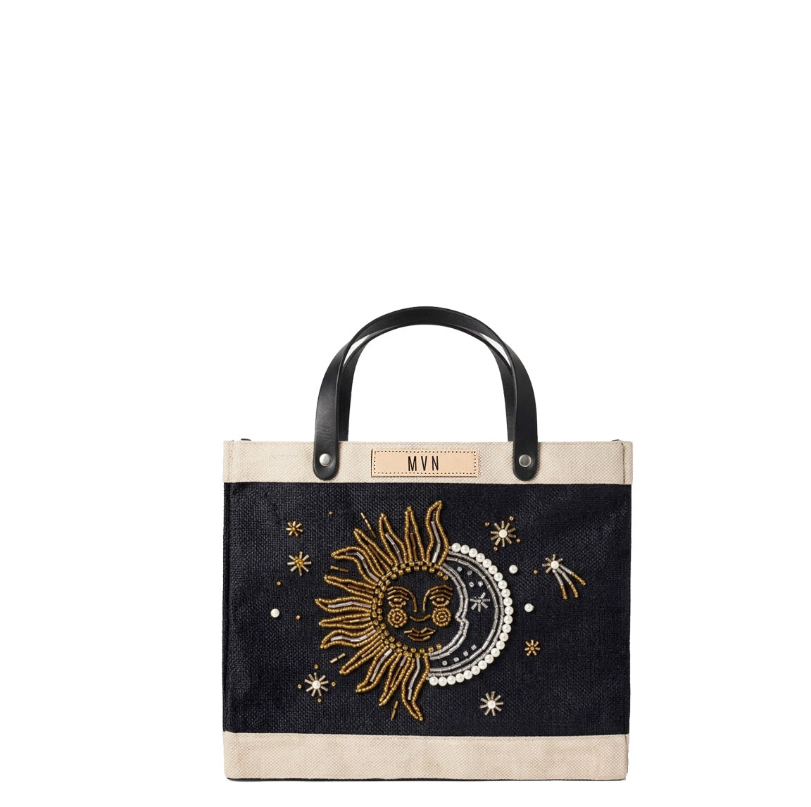 Petite Market Bag in Black with Sun & Moon Bead, front view: gold and pearl beaded sun and crescent moon embroidery with beaded stars on black jute, natural leather label personalized with initials, black leather handles