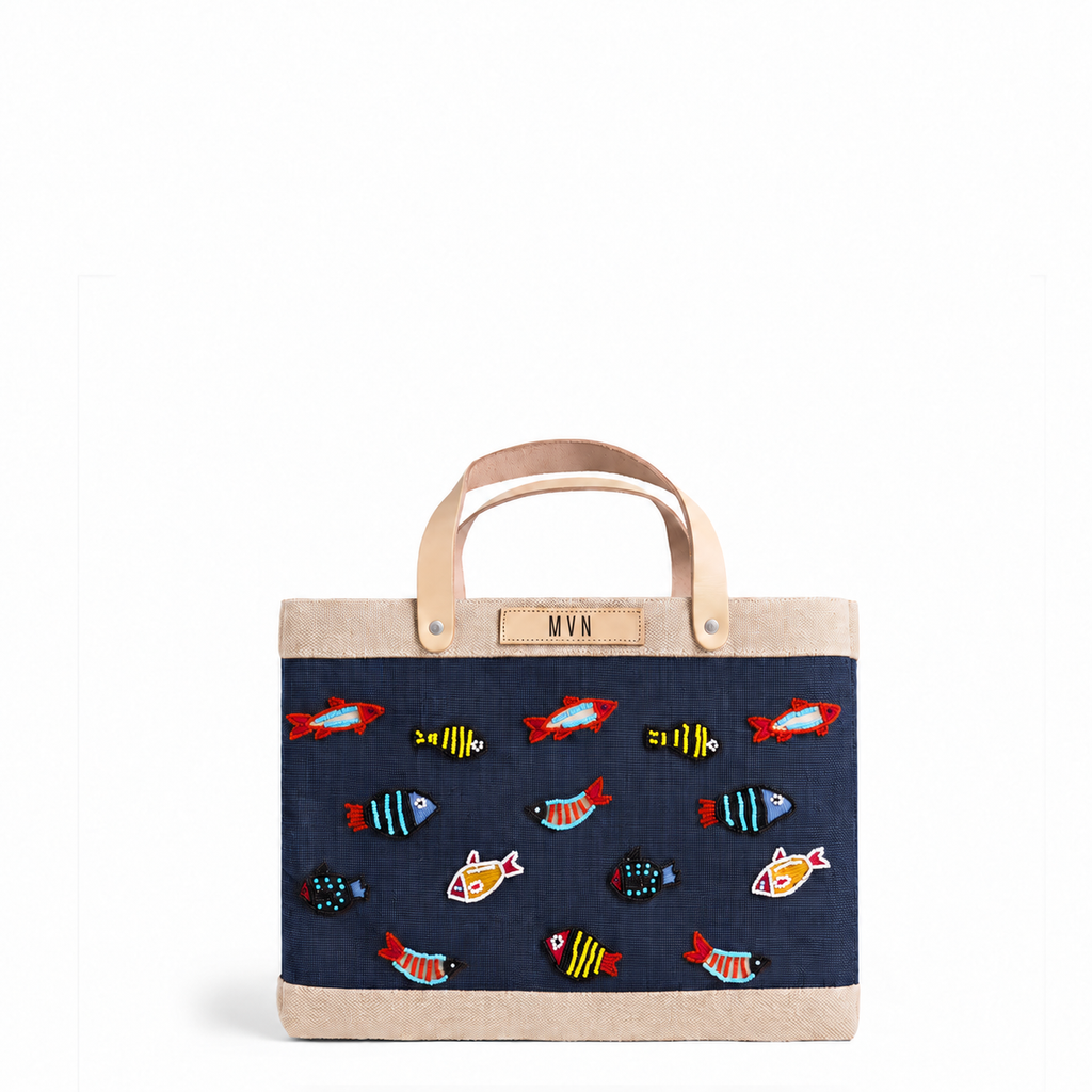 Petite Market Bag in Navy with colorful hand-beaded Fish Tank motif and light leather handles.