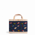 Petite Market Bag in Navy with colorful hand-beaded Fish Tank motif and light leather handles.