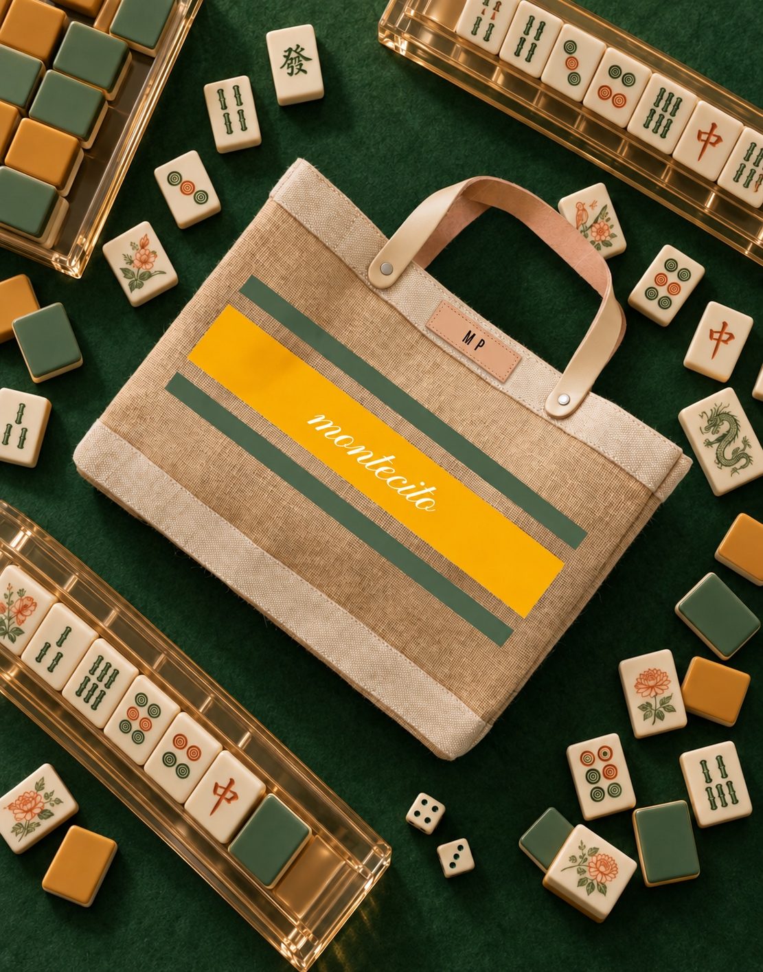Montecito Mahjong market bag with MP leather label, surrounded by Mahjong tiles